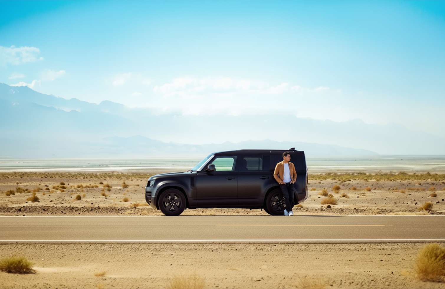 Desert landscape with white SUV - Good Neighbor Cars dealership